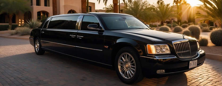 A sleek black limousine pulls up to a luxury hotel in Scottsdale, Arizona. The sun is setting behind the palm trees, casting a warm glow on the desert landscape