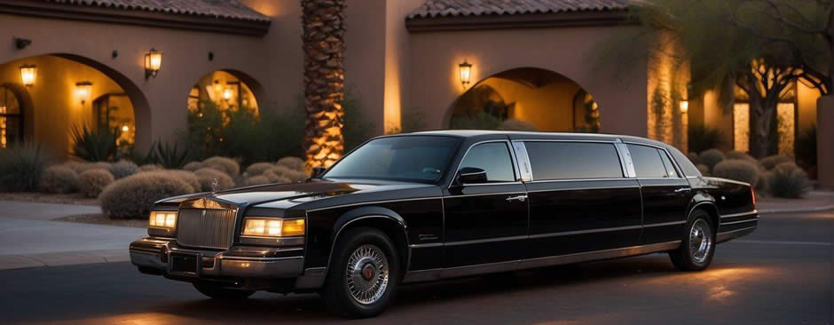 A sleek, black limousine waits outside a luxury hotel in Scottsdale, Arizona. The sun sets behind the mountains, casting a warm glow on the elegant vehicle