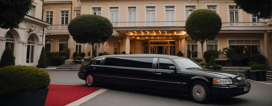 A luxury limousine parked in front of a grand hotel, with a red carpet leading to the entrance. A chauffeur stands by the open door, ready to assist passengers