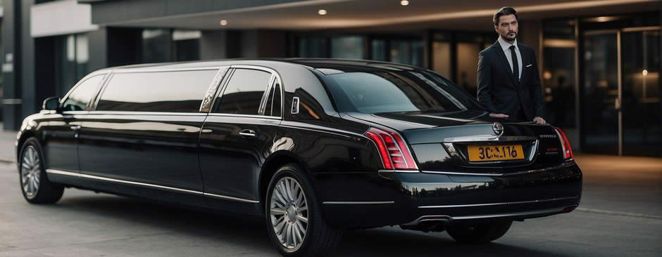 Luxury limousines line up outside a modern building, with a sleek and professional chauffeur standing nearby. A red carpet is rolled out, and elegant signage promotes the latest trends in limousine service
