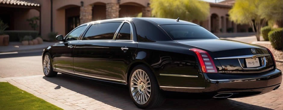 A sleek limousine pulls up to a luxurious hotel in Scottsdale, Arizona. A professional driver stands by, ready to assist with planning and booking strategies for the limousine service