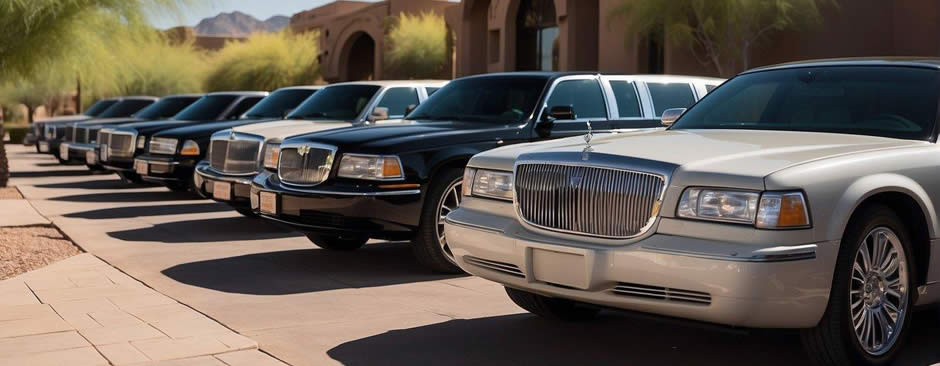 A row of sleek limousine vehicles parked in front of a luxury building in Scottsdale, Arizona, with the iconic desert landscape in the background