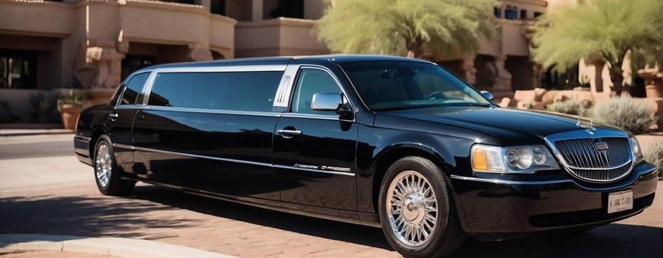 A luxurious limousine parked in front of a grand hotel in Scottsdale, Arizona, with the desert landscape and clear blue skies in the background