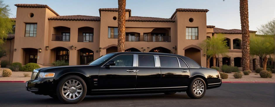 A sleek black limousine parked in front of a luxury hotel in Scottsdale, Arizona, with a chauffeur standing by, ready to provide top-notch service