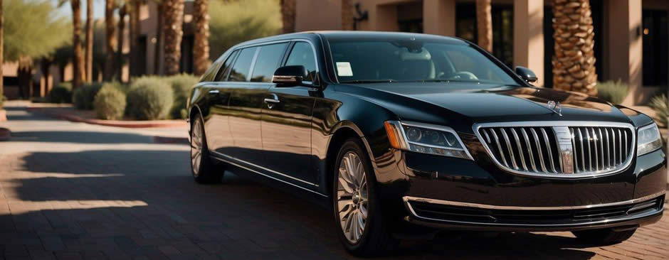 A sleek black limousine pulls up in front of a luxury hotel in Scottsdale, Arizona. The palm trees sway in the warm desert breeze as the chauffeur opens the door for the arriving guests