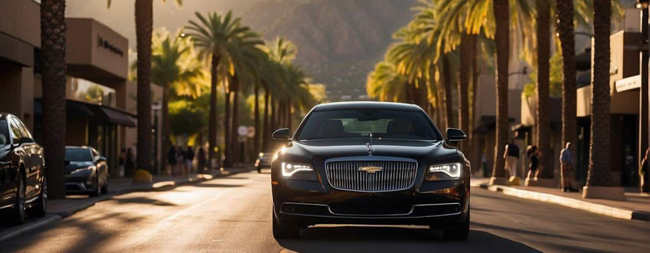 A sleek limousine glides through the vibrant streets of Scottsdale, passing by palm trees, luxury resorts, and bustling shops and restaurants. The sun sets behind the mountains, casting a warm glow over the desert landscape