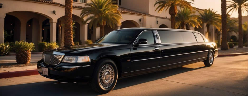 A sleek, black limousine pulls up to a luxurious hotel entrance. Palm trees sway in the background as the sun sets over the desert landscape