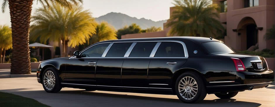 A sleek black limousine parked in front of a luxury hotel, with a backdrop of the Scottsdale city skyline and a setting sun, showcasing the value for money of the limousine service