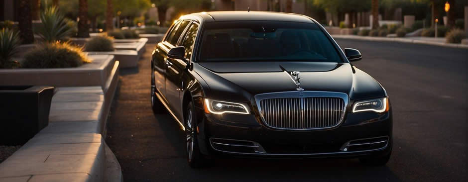 A sleek limousine pulls up to a luxury hotel in Scottsdale, Arizona. The sun is setting, casting a warm glow on the palm trees and the mountains in the distance