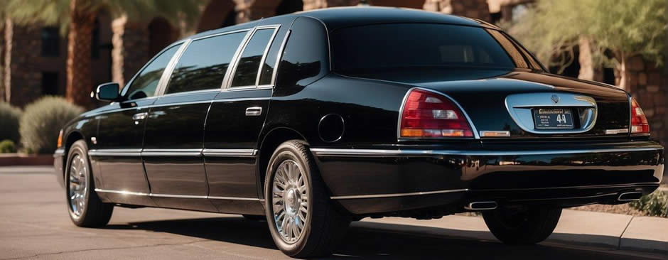 A sleek black limousine parked in front of a luxury hotel in Scottsdale, Arizona, with the desert landscape and clear blue sky in the background